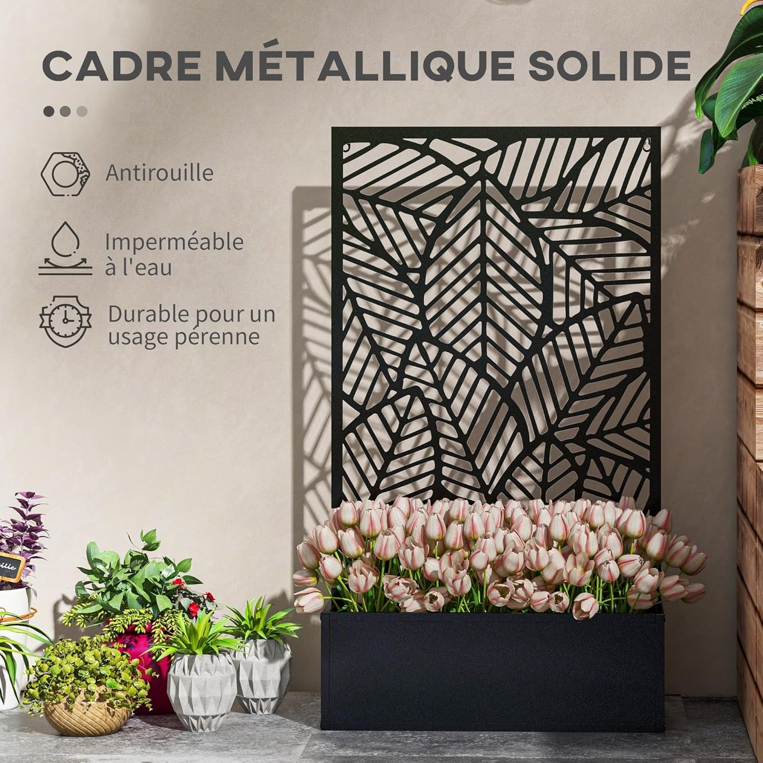 Jardinière Avec Brise-Vue Paravent Treillis Pour Plante Grimpante, Bac À Fleurs En Métal - Jardinière Sur Pied - Dim. 61L X 23L X 113H Cm