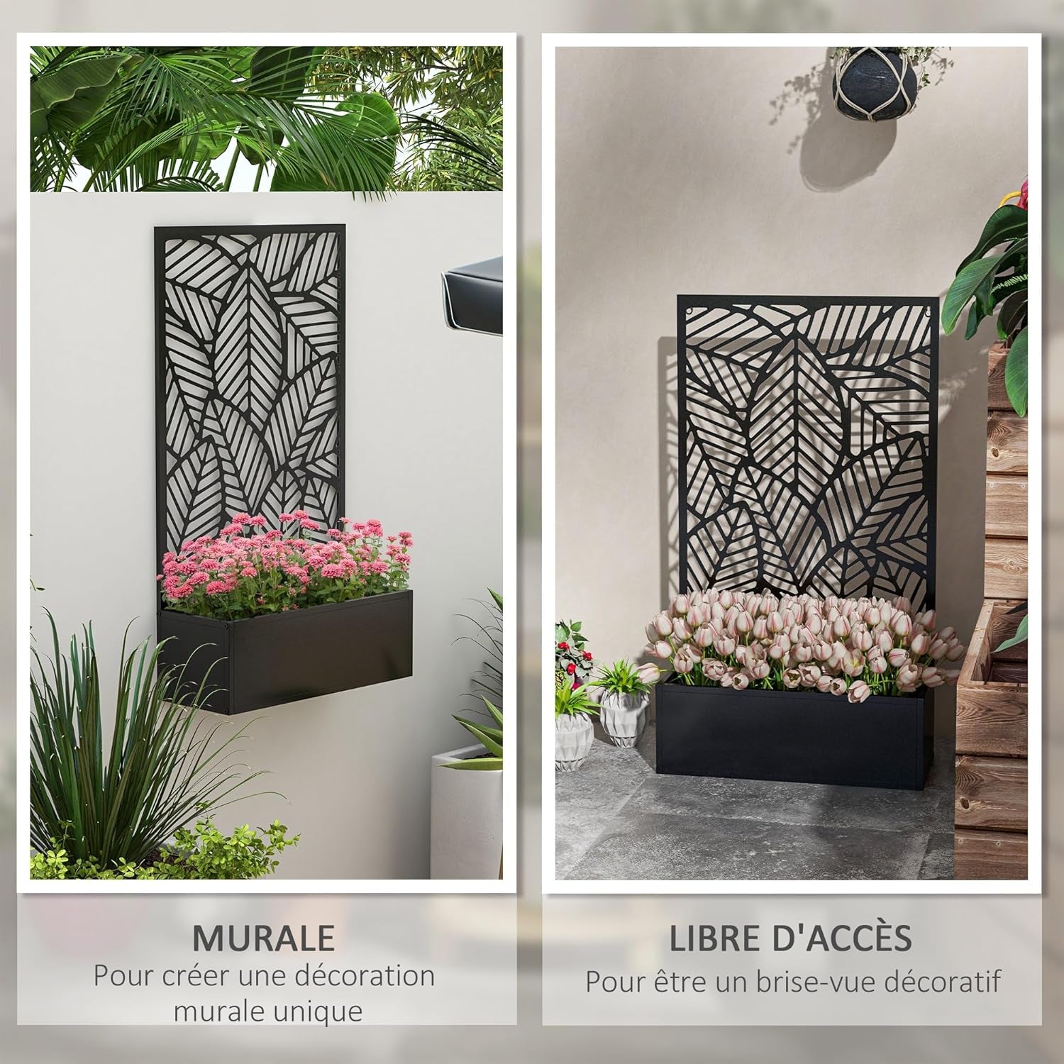 Jardinière Avec Brise-Vue Paravent Treillis Pour Plante Grimpante, Bac À Fleurs En Métal - Jardinière Sur Pied - Dim. 61L X 23L X 113H Cm