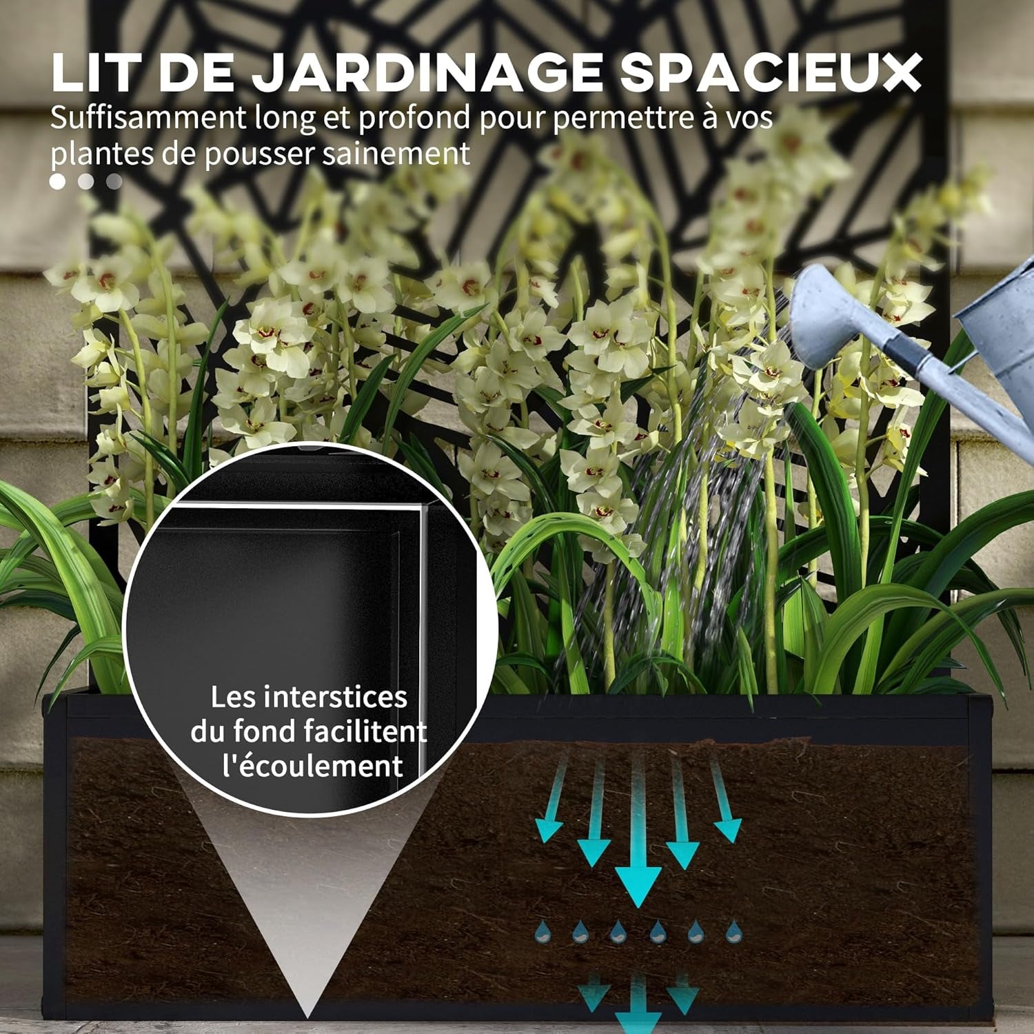 Jardinière Avec Brise-Vue Paravent Treillis Pour Plante Grimpante, Bac À Fleurs En Métal - Jardinière Sur Pied - Dim. 61L X 23L X 113H Cm